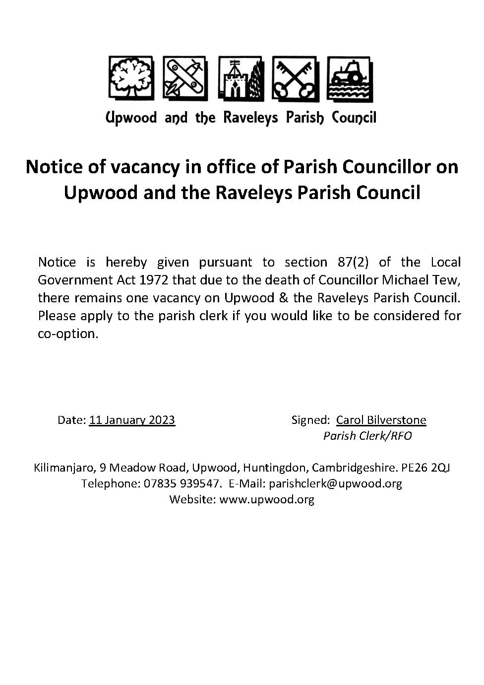 Notice of Vacancy for a Parish Councillor. 11.01.23